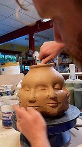 Adrien Miller on Instagram: "Sculpting an 8 face vase. I’ve been making some more 8 face planters to try and get keep them in stock, and I wanted to try the same thing on this vase form. I’m enjoying the more rounded form! Haven’t settled on a glaze yet for this pot, but I’ve got a few days to decide. #thepot #facevase #arttimelapse #sculptingclay #artpottery"