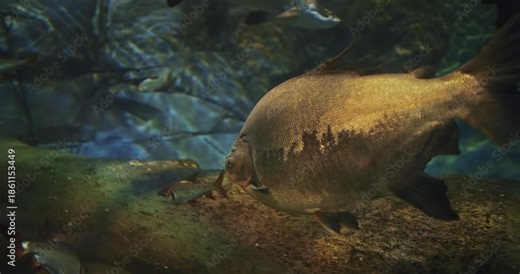 Shanghai, China. Tourists Look At Black Pacu Fish In Shanghai Ocean Aquarium. Black Pacu Swim In Aquarium, Side Close-up View. Ambaqui Or Colossoma Macropomum Is Large Species Of Freshwater Fish In