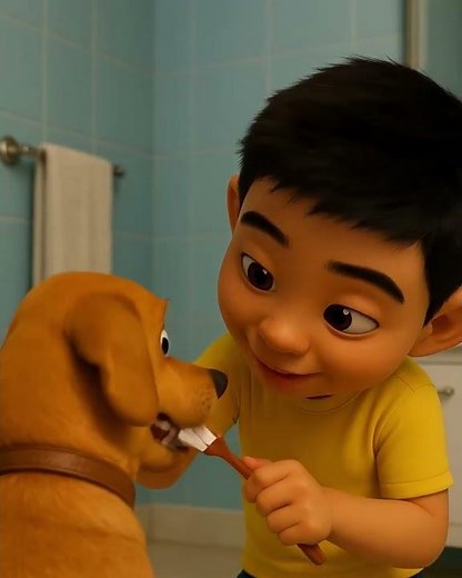 Jorgito brushes his dog's teeth