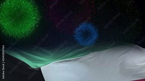 Kuwait flag - Waving flag on celebrating fireworks for national holiday day. Ceremony for patriotic celebration of nation