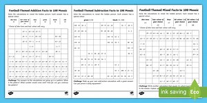 KS1 Football Themed Addition and Subtraction Facts up to 100 Maths Mosaic Worksheets