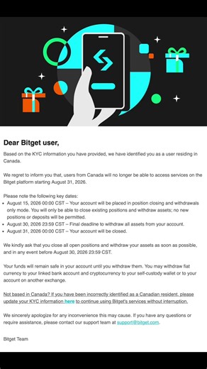 🚨 URGENT! 🚨 BITGET WILL CLOSE CANADIANS' ACCOUNTS!