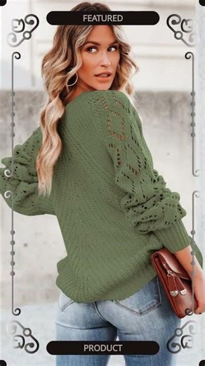 Green Hollow-out Puffy Sleeve Knit Sweater