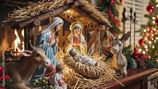 Nativity Scene Figurine Display - This video displays a Christmas Nativity scene set on a mantel, featuring figurines of Mary, Joseph, baby Jesus in a manger with a small angel, a cow, and a donkey.