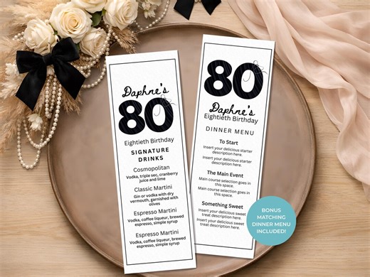 80th Birthday Drink Menu Template, Editable Canva Menu, Printable Party Menu 2 per Page, Elegant Minimalist Birthday Decor - Etsy