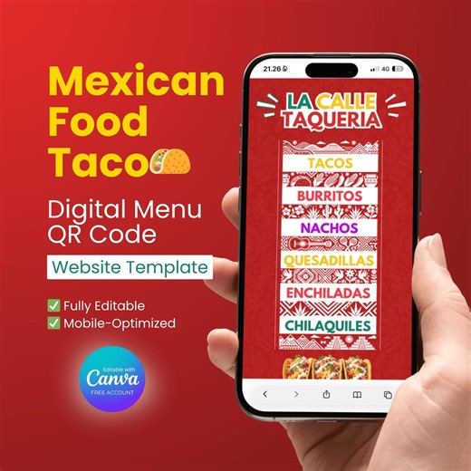 Mexican Food / Taquiera Digital Menu QR Code Website Template for Canva - Etsy