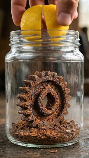 A heavily rusted steel gear undergoes a dramatic restoration inside a clear glass jar #experiment