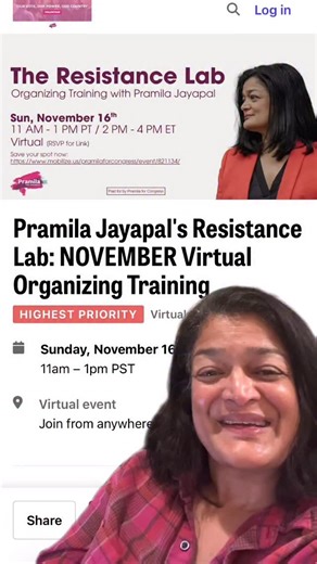 297 reactions · 19 shares | Join our next Resistance Lab training tomorrow, Sunday, Nov 16 at 11 PST/2 EST! Sign up at resistance lab.us right now! Or comment or DM for info. See you there! | Pramila Jayapal | Facebook