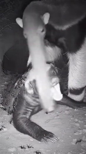 A honey badger is overwhelmed by attacking ants until an anteater rushes in and rescues it just in t