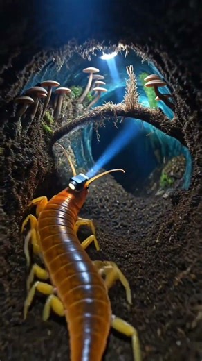 The centipede’s glossy exoskeleton, numerous articulated legs, antennae, and venom claws