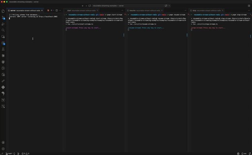 New example: resumable streaming without Redis- server starts `streamText`, saves chunks (throttled) to the database- 1st client starts stream - 2nd client resumes mid-stream, replays previous chunks, then polls (throttled) for new- 3rd client stops stream for all clients