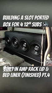 7.9K views · 276 reactions | Building a slot ported box for 4 12” @dcsoundlab Subs  pt.4 built in amp rack lid & bedliner (finished) #smd #sound #system #bass full video build series in much better detail, longer format on my channel  youtube.com/meade916 thanks for watching if you did! Like  Subscribe, follow for more! | SMD Steve Meade Designs OFFICIAL Fan Page! | Facebook