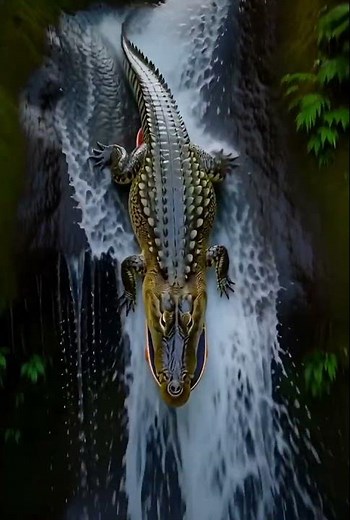A crocodile skateboarding down a jungle water