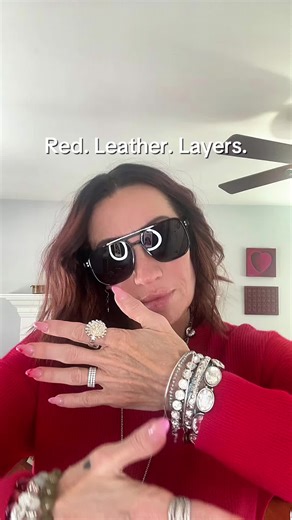 Red. Leather. Layers. Yes, I’m dancing in it. #OOTD #StyleOver40 #DopamineDressing #EdgyStyle #PersonalStyle day 4 shopping my own closet challenge leather overlay skirt outfit women over 40 edgy layered outfit styling modern western inspired outfit turquoise jewelry styling bold red sweater outfit