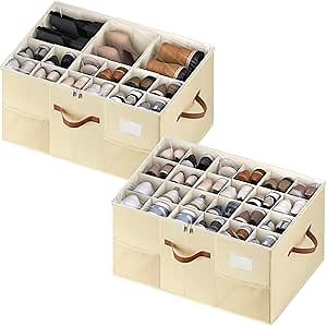 Shoe Organizer for Closet, 2 Pack Shoe Storage Containers with Adjustable Dividers, Space Saving Shoe Box Storage Organizers Bins with Clear Lid & 4 Handles, Fits 24-48 Pairs, Beige