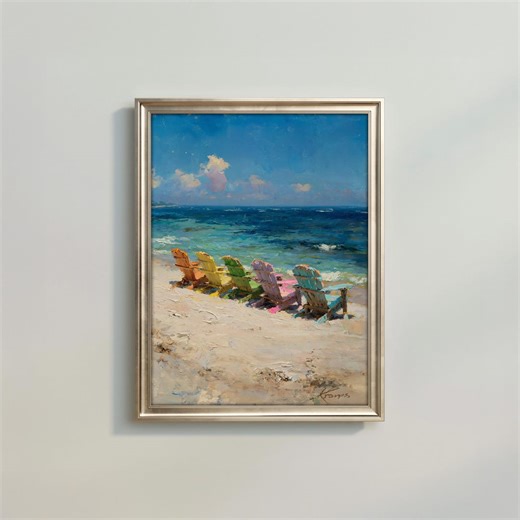 Colorful Beach Chairs Art Print, Coastal Ocean Painting, Summer Seaside Wall Art, Tropical Beach Decor - Etsy