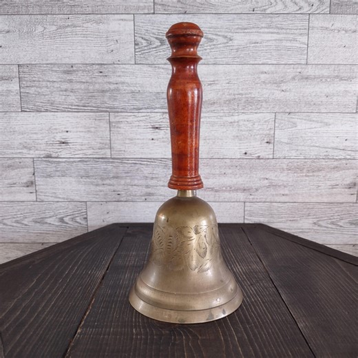 Vintage Aged Brass Etched Bell With Wood Handle/vintage Decorative Brass School Dinner Bell Wooden Handle/vintage Brass Bell Home Decor - Etsy