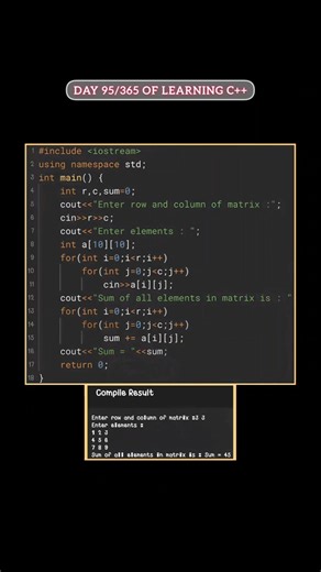 Printing sum of all elements in matrix using c++... #coder #coding #programming #viral #trending