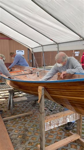 The Patuxent Small Craft Guild is back at it, giving some TLC to our 17’ Rangeley boat! ✨ Currently in the process of sanding off the epoxy to give her a fresh coat of varnish. Could she be the star of our next raffle or set sail for new adventures? Stay tuned to find out! ⛵ #BoatRestoration #MaritimeMonday #LoveCMM #calvertmarinemuseum | Calvert Marine Museum