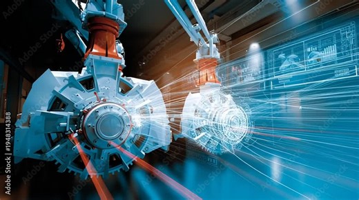 Robotic Precision: An industrial robot arm, at the forefront of automation, executes a complex task with digital overlay, emphasizing the intersection of machinery and technology.