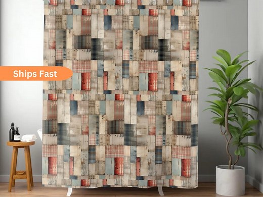 Farmhouse Shower Curtain: Primitive Rag Patchwork, Country Cottage Decor - Etsy