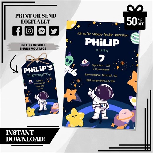 Editable Space Birthday Invitation | Outer Space Party Invite | Galaxy Theme Printable Template | Instant Download - Etsy