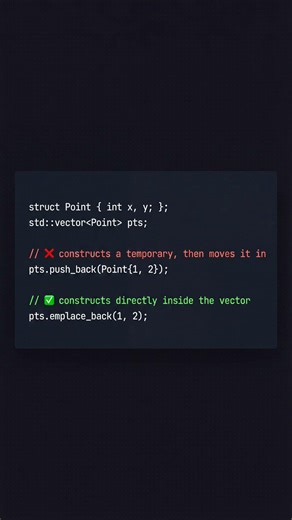 C++ tip: emplace_back constructs in place — push_back doesn't