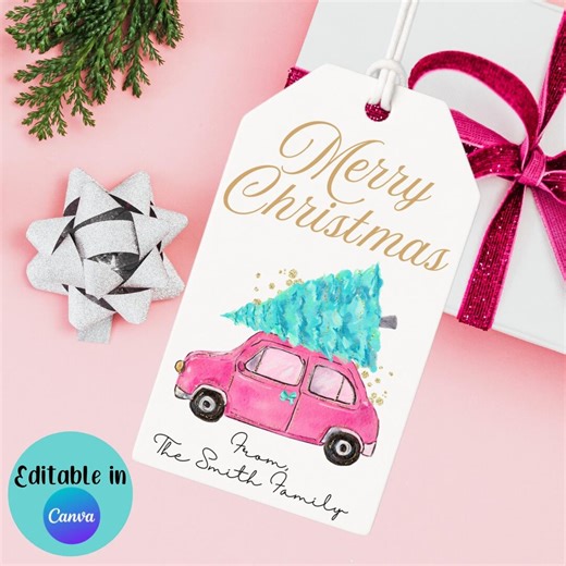 Printable Pink Car Christmas Gift Tag, Editable Holiday Bag Tag (CANVA) - Etsy