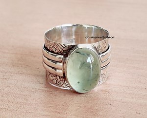 Handmade Oval Prehnite Ring: 925 Sterling Silver Boho Band - Etsy