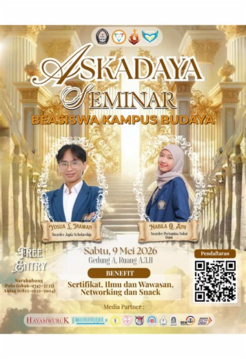 🎓 Hai, Pejuang beasiswa! 👀 Mau kuliah gratis lewat beasiswa tapi masih bingung caranya? Tenang, ASKADAYA 2026 siap bantu kamu! Di sini kamu bakal dapet insight langsung dari ahlinya, plus tips biar peluang lolos beasiswa makin besar 💡 Nah, semua itu bisa kamu dapetin langsung di: 📅 Sabtu, 9 Mei 2026 🕒 09.00 WIB – selesai 📍 Kelas A.3.11, Gedung A FIB Undip Dan yang bikin makin worth it: 🍪 Snack 📄 E-Sertifikat ‎💡 Bocoran Beasiswa Langsung dari Awardee 💬 Q&A interaktif 👥 Networking ‎Gak