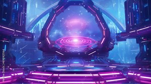 Synthwave tech futuristic gaming esports background abstract wallpaper, cyberpunk style scifi game, stage concert scene in pedestal - Seamless loop animation, created using AI Generative Technology