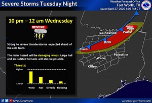 Here's the latest timing for the line of strong to severe thunderstorms expected to develop ahead of an approaching cold front late Tuesday evening through Wednesday morning. Damaging winds remain the primary hazard with these storms. Though given the favorable environment large hail and an isolated tornado can not be ruled out. Continue to check back for updates as we continue to refine the forecast! | US National Weather Service Fort Worth Texas