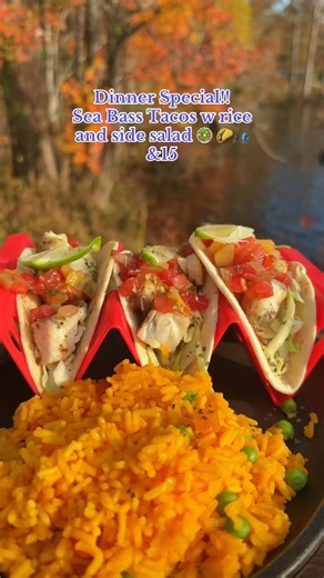 Tonight’s special sea bass tacos served with seasoned rice and side salad only $15 | Lakeside Restaurant | Facebook