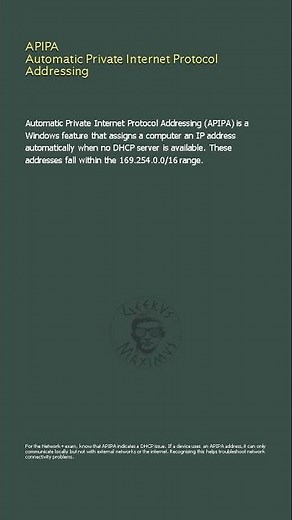 APIPA Automatic Private Internet Protocol Addressing - Network+