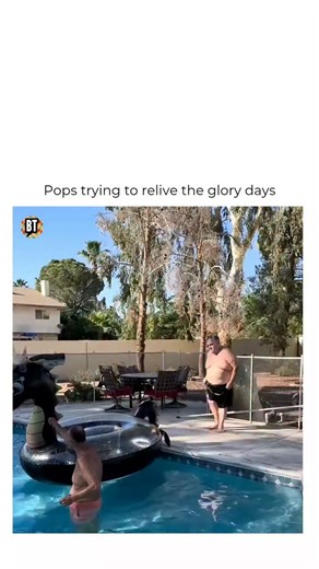 Busted Tees on Instagram: "The long explanation afterwards 🤣🤣 Credits: @antonioarestivo Follow @bustedtees for more! Watch this hilarious pool fail as a dad tries to recapture his youth with an ambitious jump onto a giant pool inflatable. In this viral-worthy summer blooper, "Pops" gives it his all with a confident countdown, only to suffer a classic belly flop and a minor shoulder injury after a last-second hesitation. From the funny pool jump to the relatable "I hesitated" excuse, this video