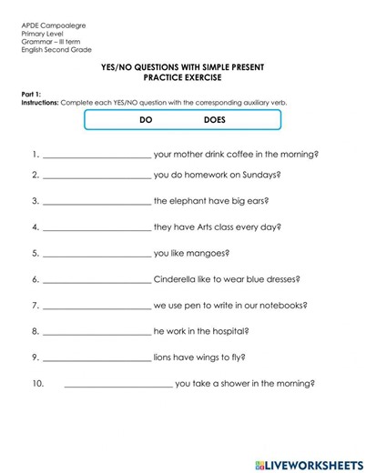 Yes no questions simple present practice exercise worksheet