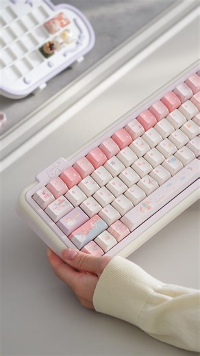 rose on Instagram: "the prettiest pre-built keyboard i own 🌸 you may have seen this keeb in a few of my past posts :3 this is my favourite pre-built keyboard in terms of the aesthetic and case structure! the quick release magnetic frame makes this keyboard unique among my collection. it’s pre-built with gateron milkshake switches on an FR4 plate and gasket mount. the spacebar was sounding particularly loud and hollow, so i swapped out the switch and added a bit of poron foam to it — i find a li