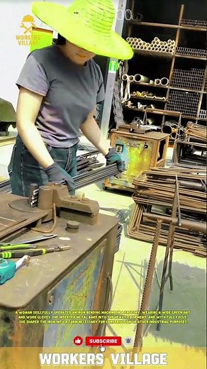 A woman skillfully operated an iron bending machine in a factory. #workersvillage #hardwork