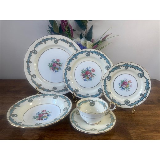 Aynsley England Bone China Place Setting Blue Scroll Floral Gold Trim Vintage - Etsy UK