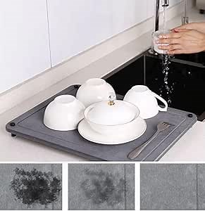 Bclever Water Absorbing Stone Dish Drying Stone Mats for Kitchen Counter, Quick Dry Diatomaceous Earth Sink Tray Mat for Dish Bottles Cups, Multi-Room Use Kitchen Bathroom Pet Feeder Mat, 15x11, Gray