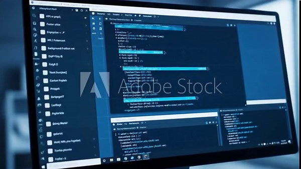 Dark Blue Computer Screen Displaying Software Code with Modern Interface and Digital Information