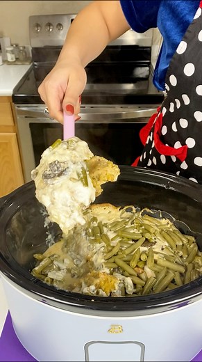 Coziest crockpot dinner Kyra makes a delicious green bean casserole with chicken and stuffing in the slow cooker | Family Style Cooking