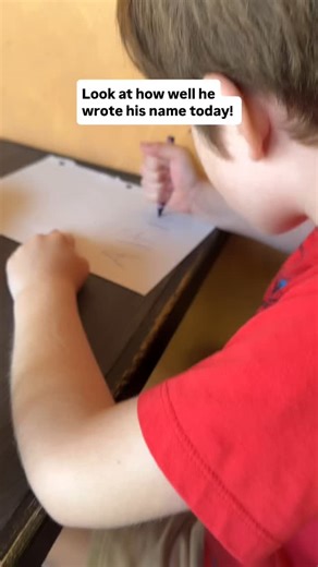 401K views · 7.2K reactions | But why is his hand writing better than mine? #autismawarness For a child on the spectrum milestones like this don’t always come “on schedule” .. they come in their own time, in their own way. And when they do… they hit different. This isn’t just handwriting. This is focus. This is growth. This is connection. This is years of therapy, support, patience, frustration, hope, and LOVE showing up in one written name. | Laura Clery | Facebook