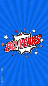 Celebratory animation for 80th eightieth anniversary - 80 eighty years birthday. Animated text on pop colorful background with rotating rays.