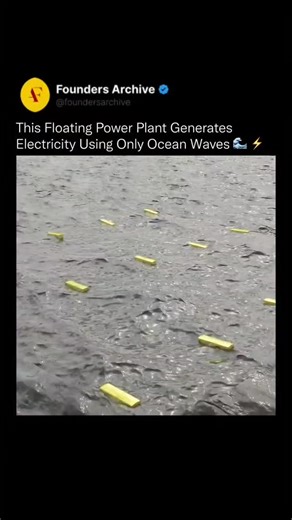 Founders_Archive on Instagram: "It's not powered by wind or sunlight. This machine creates electricity using the motion of the sea itself. This floating system captures the kinetic energy of ocean waves and converts it into clean, renewable power. It works through two connected components: a floating platform on the surface and a submerged structure anchored below. As waves rise and fall, the floating body moves more than the lower element, pulling steel belts and springs that drive a generator 