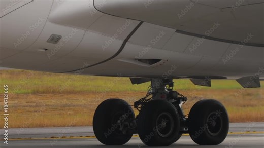 Close-up footage of a modern jet engine in operation, showing the rotating turbine blades and detailed metal textures. The camera captures the power, precision, and advanced engineering