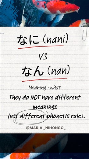 MariaNihongo 🦋 on Instagram: "Both なに (nani) and なん (nan) mean “what”, but if you use the wrong one, your Japanese can sound unnatural even if it’s not “grammatically wrong”. And no, this has nothing to do with politeness 👀 It’s all about sound, rhythm, and flow. 🔹 なに (nani) the “clear” sound 👉 Used when the next word starts with a vowel 👉 Also common before を・が・は wo/ga/wa 🗣 Examples: • なにを たべますか？ nani o tabemasu ka? What will you eat? • なにが すきですか？ nani ga suki desu ka? What do you like? •