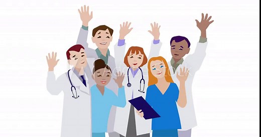 Doctors and nurses team, 2d micro Animation, cartoon, illustration, clip art, vector, medical team waving to camera.