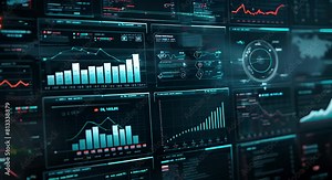 Data analysis is automated with AI technology. Big data, business analysis, artificial intelligence. Dashboard reports with sales and operations charts and KPI insights on the touch screen