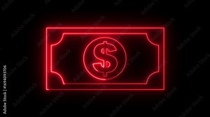 glowing neon dollar banknote icon animation on black background. dollar banknote icon. stacked dollar bills representing finance, banking, savings, and economic wealth concept.